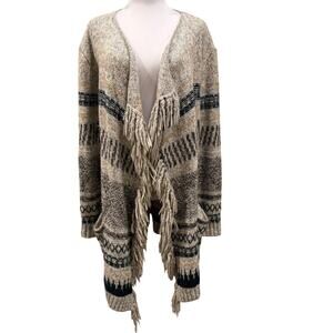 Cabi Shetland Sweater Cardigan Poncho Women Small Fringe Geometric Open Front